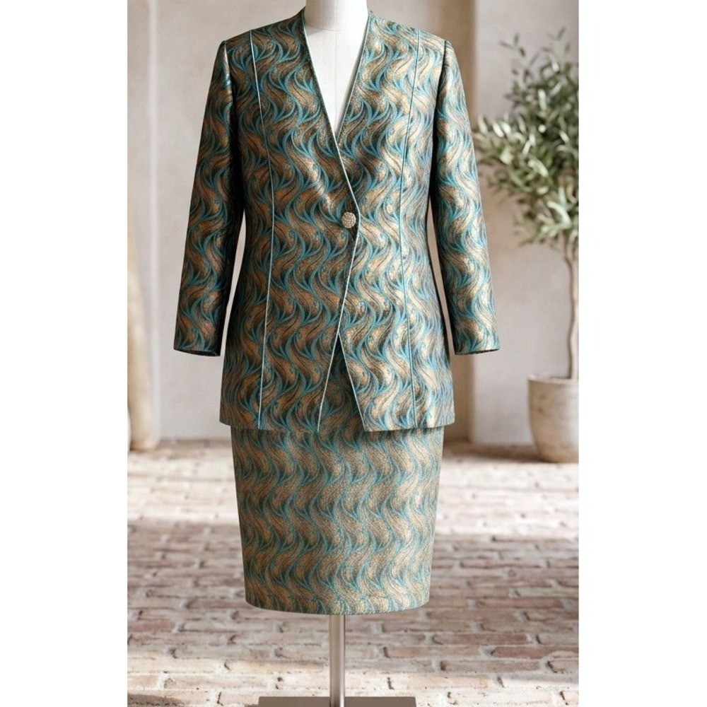 Teal Copper Metallic Brocade Formal Shimmer Skirt Suit Set Wedding Guest Size 18